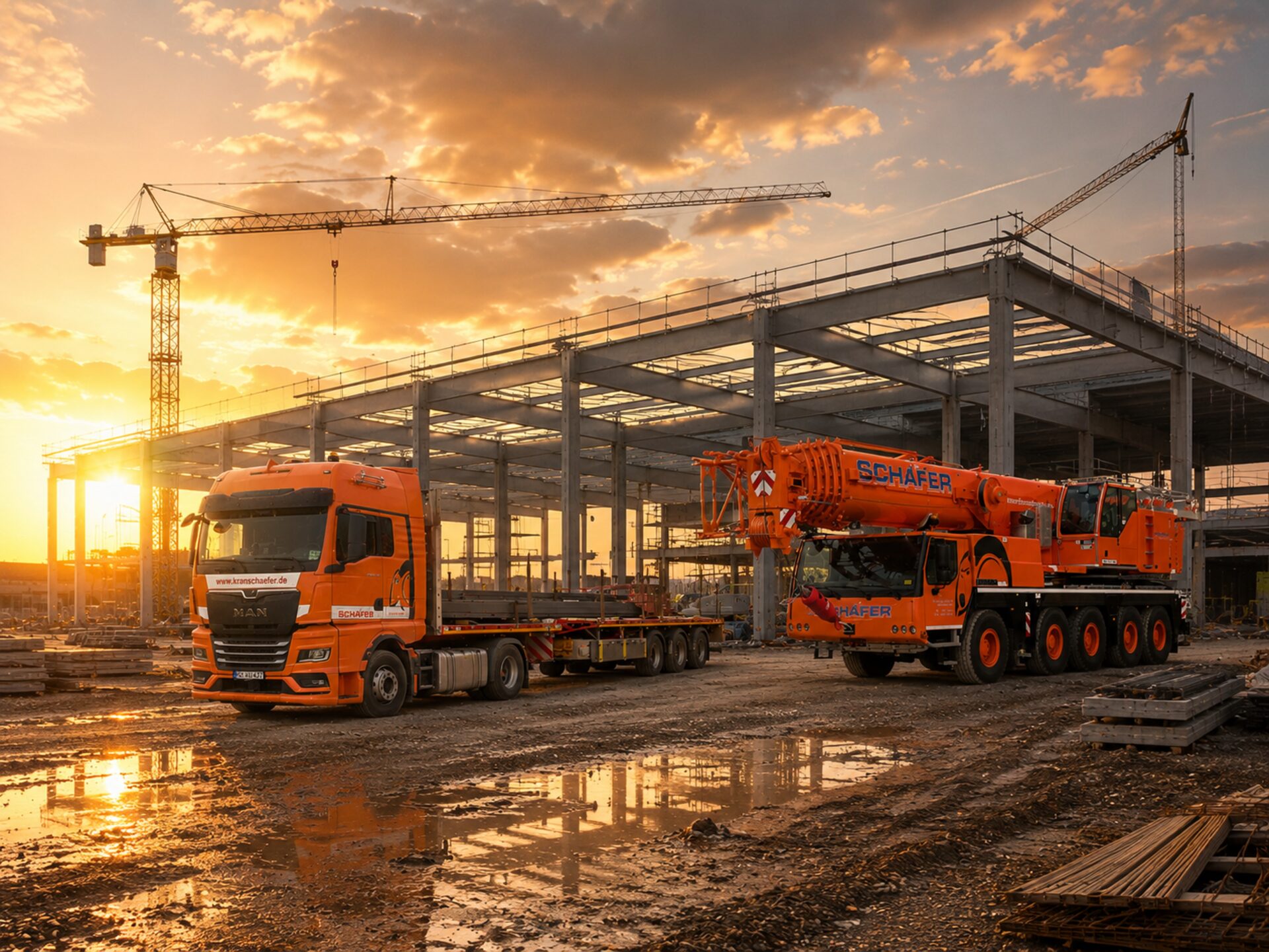 Kran- und Transportlogistik auf einer Baustelle